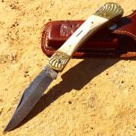 8.5" Damascus Blade Folding Knife Pearl Style Handle hand made with Sheath