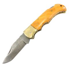6.5" Damascus Blade Folding Knife Wood Gold trim hand made with Sheath