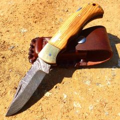 6.5" Damascus Blade Folding Knife Wood Gold trim hand made with Sheath