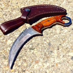 TheBoneEdge 8.5" Damascus Blade Wood Handle Hunting Knife With Leather Sheath