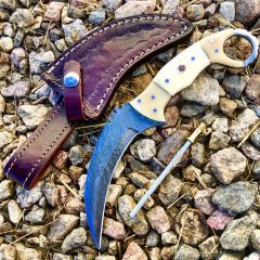 TheBoneEdge 8.5" Damascus Steel Hunting Knife Beautiful Handle With Leather Sheath