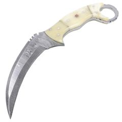 TheBoneEdge 8.5" Damascus Steel Hunting Knife Beautiful Handle With Leather Sheath