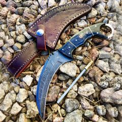 TheBoneEdge 8.5" Damascus Steel Blade Wood Handle Hunting Knife With Leather Sheath