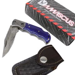 TheBoneEdge 6.5" Damascus Blade Folding Knife Blue Handle With Leather Sheath