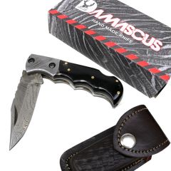 TheBoneEdge 6.5" Damascus Blade Folding Knife Black Handle With Leather Sheath