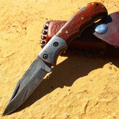 TheBoneEdge 6.5" Damascus Blade Folding Knife Wood Handle With Leather Sheath