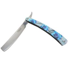 Defender-Xtreme 10" Straight Razor Blue Roses Folding Knife 3CR13 Stainless