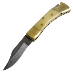 TheBoneEdge 5" Damascus Blade Hand Forged Hunting Folding Knife Bone Handle 