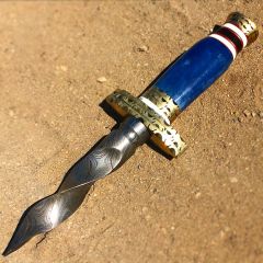 TheBoneEdge Twisted Dagger Hand Made Damascus Steel 10.5" Kris Blade Blue Marble
