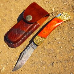 TheBoneEdge 7" Hand Made Damascus Blade Folding Knife Pakkawood Handle Orange