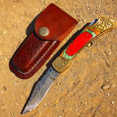 TheBoneEdge 7" Hand Made Damascus Blade Folding Knife Pakkawood Handle Multi Color
