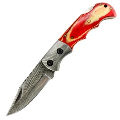 TheBoneEdge 6.5" Strip Red Wood Handle Damascus Folding Knife With Leather Sheath