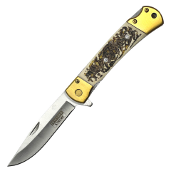 Defender-Xtreme 9" Stag Imitation Handle Golden Bolster Spring Assisted Folding Knife