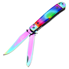 TheBoneEdge 7.5" Rainbow Color Double Blade Steel Bolster Pocket Folding Knife