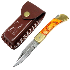 TheBoneEdge 7" Hunting Folding Knife Damascus Steel Golden Wood Handle Hand Made New