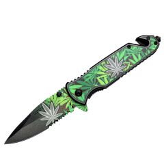 8" Green & Grey Leaves Design Spring Assisted Folding Knife W/ Belt Cutter