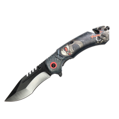 Defender-Xtreme 8" Death Design Handle Spring Assisted Folding Knife W/ Belt Cutter