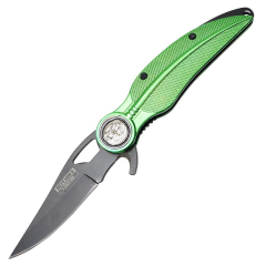 Defender-Xtreme 8" Green Spring Assisted Folding Knife Leaf Design Handle With Belt Clip