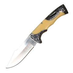 9" Yellow Jade Resin Handle Engraved Design Folding Knife 3CR13 Stainless Steel