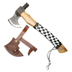 TheBoneEdge 18" White & Black Leather Wrapped Handle Steel Forged Blade Hunting Axe With Sheath