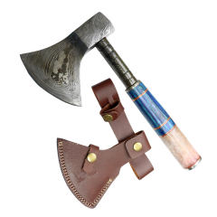 TheBoneEdge 10" Blue & White Color Horn Handle Damascus Blade Hunting Axe With Leather Sheath
