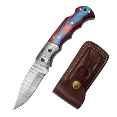 TheBoneEdge 6.5" Blue & Red Wood Handle Damascus Blade Folding Knife With Leather Sheath