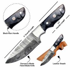 TheBoneEdge 9" Black Ram Handle Steel Bolster Damascus Blade Hunting Knife with Leather Sheath