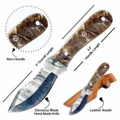 TheBoneEdge 9" Ram Handle Damascus Blade Skinner Knife with Leather Sheath
