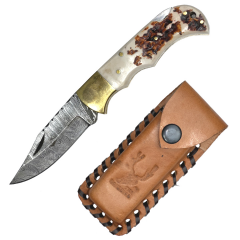 TheBoneEdge 6.5" Artificial Stag Handle Brass Bolster Damascus Blade Folding Knife With Leather Sheath