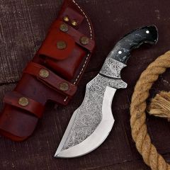 TheBoneEdge 11" Custom Hand Made Engraved Blade Black Resin Handle Tracker Hunting knife With Sheath