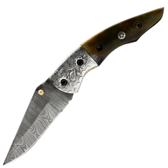 TheBoneEdge 7.5"" Damascus Blade Hand Made Folding Knife Burn Bone Handle With Silver Bolster