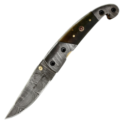 TheBoneEdge 7.5"" Damascus Blade Folding Knife Hand Made Burn Bone Handle With Damascus Bolster