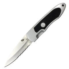 Defender-Xtreme 7.5" Silver & Black Handle Serrated Blade Spring Assisted Folding Knife Belt Cutter
