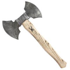 TheBoneEdge 20.5"" Double Edge Damascus Blade Hunting Axe Ash Wood Handle With Sheath