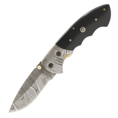 TheBoneEdge 7.5" Damascus Blade Hand Made Folding Knife Black Resin Handle With Damascus Bolster