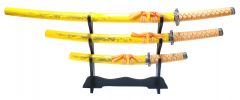 3 Pc Yellow Dragon Design Samurai Katana Swords Set with Stand