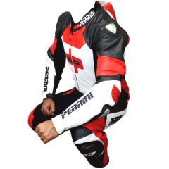 Perrini 1 Pc Red White & Black Genuine Cow Hide Leather Motorbike Riding Motorcycle Racing Suit