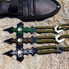 Set Of 3 Skull Design & Green String Throwing Knives With Sheath