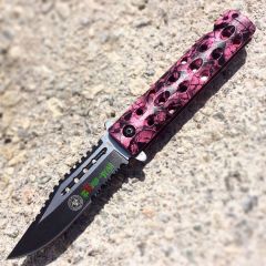 8.5" Zombie War Pink & Black Skull Design Spring Assisted Knife with Belt Clip