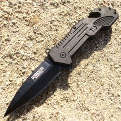 8.5" Defender Xtreme Black Spring Assisted Knife with Seat Belt Cutter