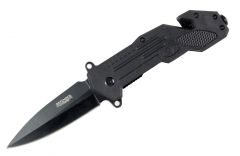 8.5" Defender Xtreme Black Spring Assisted Knife with Seat Belt Cutter