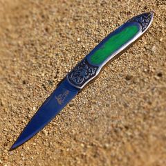 8" The Bone Edge Stainless Steel Folding Knife with Engraved Green Colored Handle