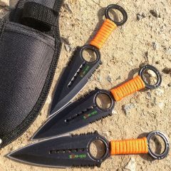 Zomb War 3 Pc Throwing Knife set Black Color W/ sheath and Orange cord