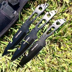 8" Three Piece Hunt Down Black Throwing Knife Set With Fish Hook