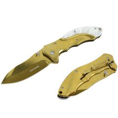Hunt-Down 7" Gold Classic Folding Knife With A White plastic Marble Trim Handle
