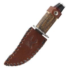 The Bone Edge Damascus Blade Hunting Sharp Knife Real Stag Handle Leather Sheath