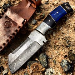 Hunt-Down 9" Damascus Blade Hunting Knife Horn Handle With Leather Sheath