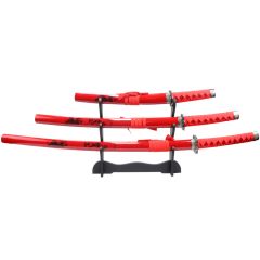 3pc Red Samurai Katana Sword Set Corbon Steel Blades with Stand Good Quality