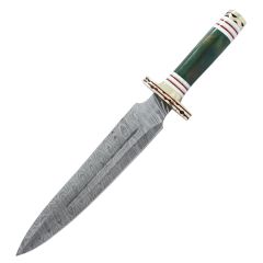 TheBoneEdge 15" Damascus Blade Fantasy Handle Hunting Knife with Leather Sheath