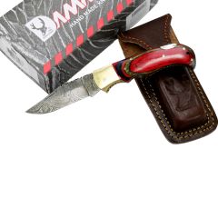 TheBoneEdge 6.5" Damascus Folding Knife Red Wood Handle Handmade with Sheath